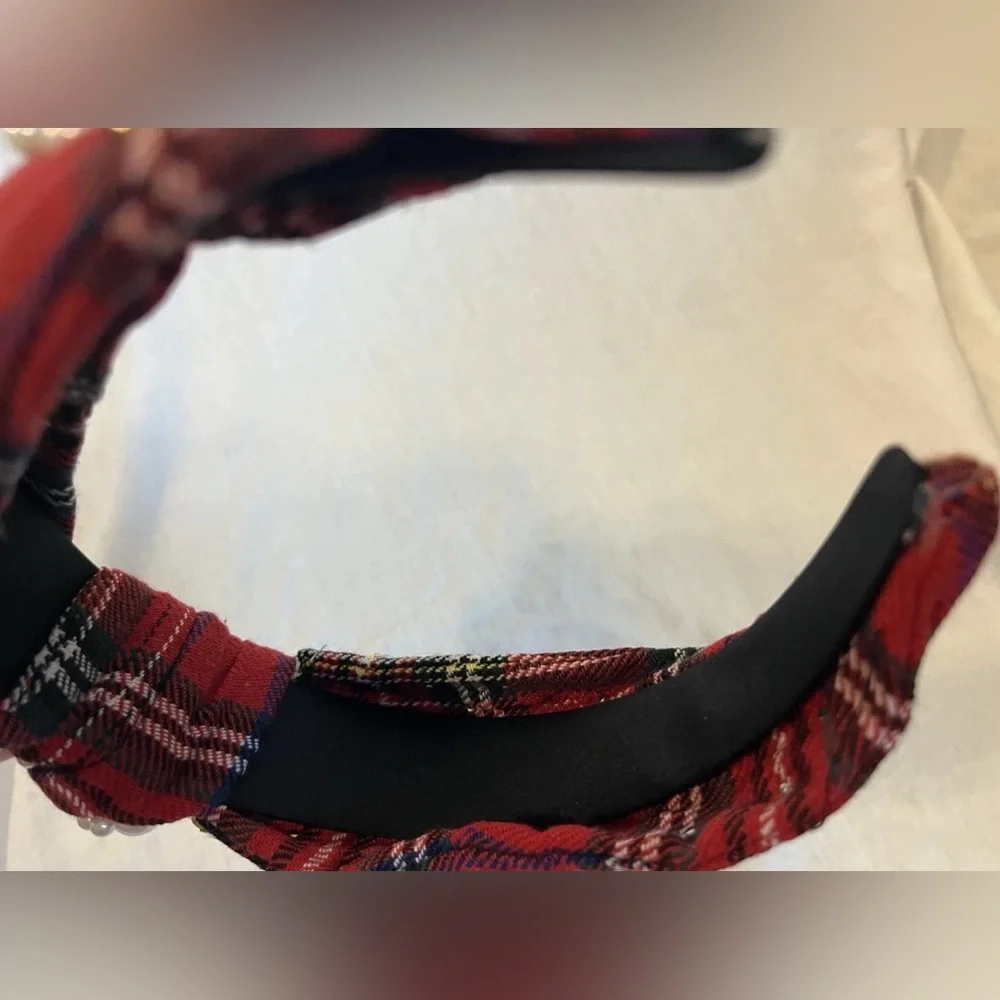 Plaid Red Headband with Faux Pearls & Rhinestones – Preppy & Chic